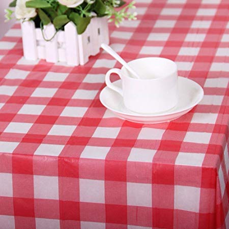 54" X 108" Gingham Checkerboard Disposable Rectangular Plastic Table Cover (12, RED)