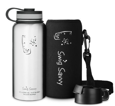 Swig Savvy's Stainless Steel Insulated Water Bottle, Wide Mouth 32 Oz Capacity, Double Wall Design, for Hot and Cold Beverages, Includes Pouch and Coffee Lid