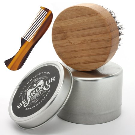 Small Beard Brush with Mustache Comb for Beard Grooming, Comes in Travel Metal Container, Great Beard Kit For Your Bearded Man