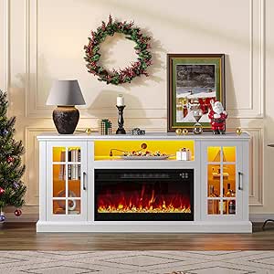 Rolanstar Fireplace TV Stand with Led and Power Outlets, White Entertainment Center with Electric Fireplace for 45/50/55/60/65/70 inch TVs, Modern TV Console with Storage Cabinet for Living Room