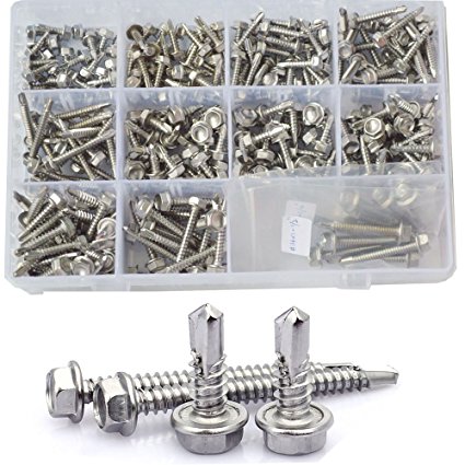 Hex Self Drilling Screws Metric Washer Head Sheet Metal Tek With Drill Point Assortment Kit 295pcs 304 Stainless Steel,(#8 #10 #14)