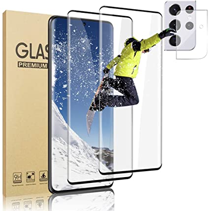 [2 1] Galaxy S21 Ultra 5G Screen Protector, 9H Tempered Glass with Camera Lens Protector Fingerprint Unlock Support 3D Curved Full Coverage HD Glass Film for Samsung Galaxy S21 Ultra 5G (6.8 Inch)