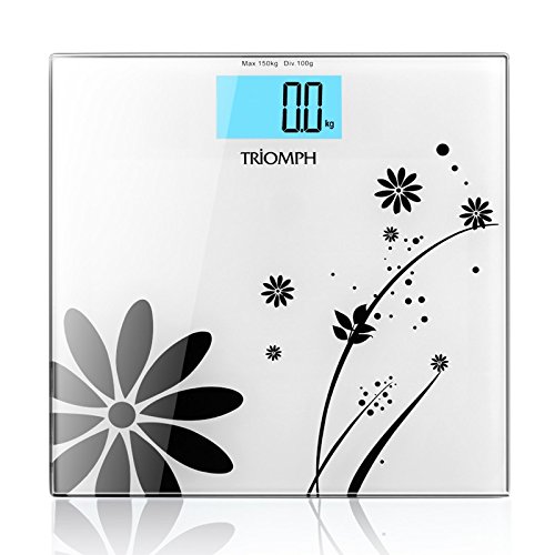 Triomph Digital Bathroom Weight Scale, 330lb Capacity, Automatic Step On, LCD Backlight Display, 6mm Tempered Glass (White)