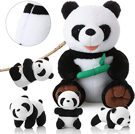 Skylety 5 Pieces 14 Inch Plush Panda Stuffed Animals Panda Bear Stuffed Animal Mom Baby Panda Plush Toys Large Panda with 4 Little Plush Panda Soft Panda Plush Toys for Kids Boy Girl Gift