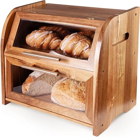Arise Stylish Acacia Bread Box for Kitchen Countertop, Extra Large 2-Shelf Wooden Bread Storage Container with Clear Windows and Air Vents Keep Bread, Bagels and Rolls Fresh, Self Assembly