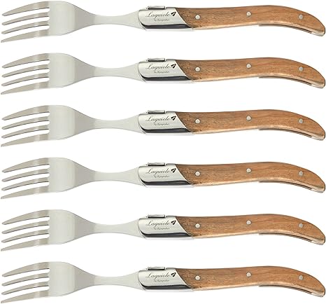 Laguiole by FlyingColors Dinner Forks Set Stainless Steel, Olive Wood Handle, Gift Box, 6 Pieces