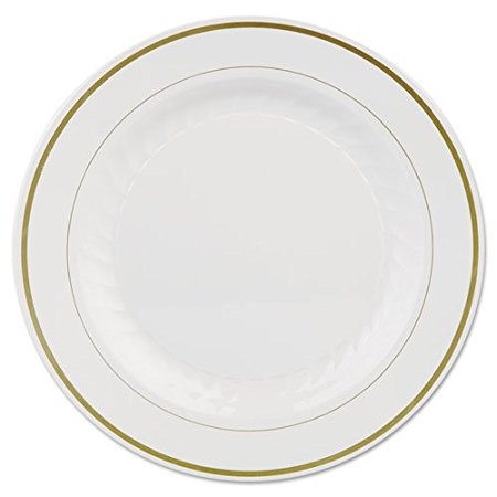 Masterpiece Plastic 10.25-inch Plates, Ivory w/Gold Rim 12 Per Pack