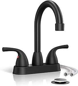 Phiestina Matte Black 4 Inch Centerset Bathroom Faucet, 2 Handle Deck Plate 2 or 3 Hole Bathroom Faucet, with Metal Pop-up Drain with Overflow & CUPC Water Supply Line, BF02011-B11-MB