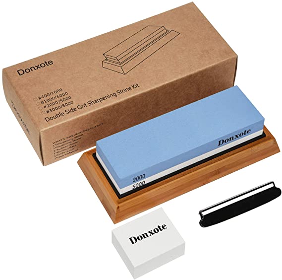Donxote Sharpening Stone, 2000/5000 Double Side Grit Waterstone, Chef Knife Sharpener, with Nonslip Bamboo Base & Angle Guide and Flattening Stone