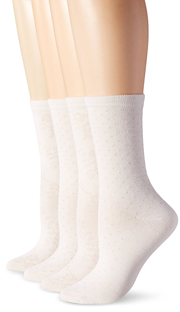 PEDS Women's Spiraling Floral and Dot Crew Socks 4 Pairs