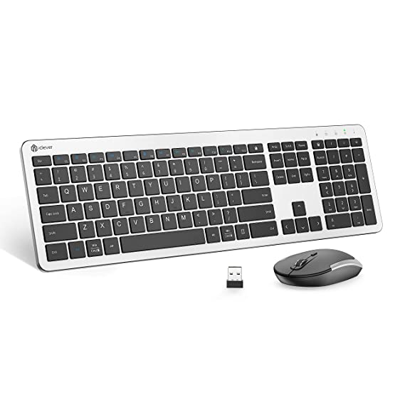 iClever GK08 Wireless Keyboard and Mouse - Rechargeable Wireless Keyboard Ergonomic Full Size Design with Number Pad, 2.4G Stable Connection Slim White Keyboard and Mouse for Windows, Mac OS Computer