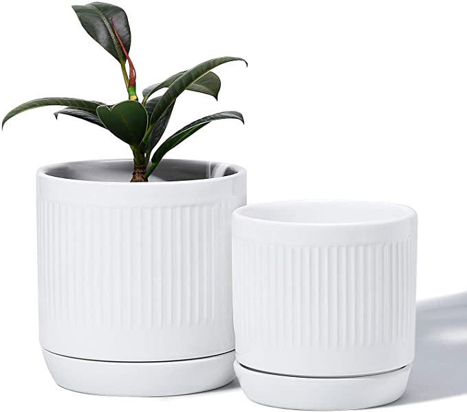 POTEY 053201 Ceramic Planter Pots - Glazed Modern Planters Flower Pot Indoor Bonsai Container with Drainage Holes & Saucer for Plants Aloe(Set of 2-5.1   4.2 Inch, Shiny White, Plants Not Included)