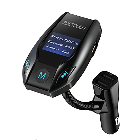 FM Transmitter, ZOETOUCH Bluetooth FM Transmitter Wireless Car Radio Receiver Adapter 1.44inch LCD Screen Dual USB Car Port Support Aux Input/ Micro SD Card/ USB Flash Drive/ Hands-Free Talk