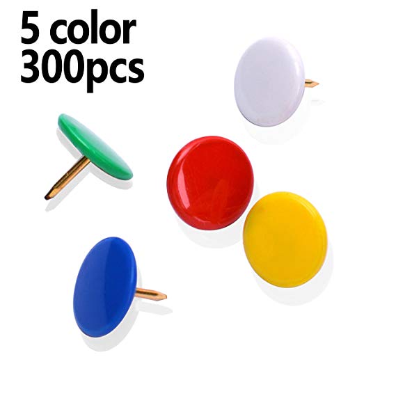 MROCO Thumb Tacks Colored Drawing Pins Color Plastic Round Head Pinks Office Thumbtack, Push Pin for Home, School, Sharp Steel Points 3/8 Inch,5 Color (Red,Blue,White,Green,Yellow) Box of 300