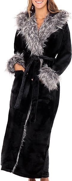 Alexander Del Rossa Women's Faux Fur Feather Hooded Robe, Soft Plush Fleece Bathrobe with Hood