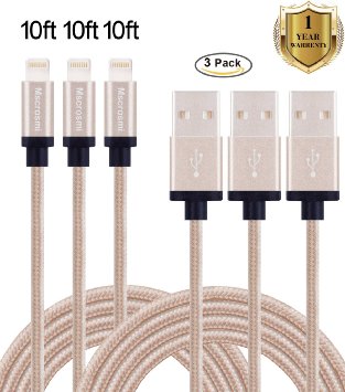 Mscrosmi 3 Pack 10 FT Extra Long Nylon Braided Lightning to USB Sync Charge Cable Cord with Aluminum Connector for iPhone 6s/6s Plus/6/6Plus/5s/5c/5, iPad/iPod Models (gold)