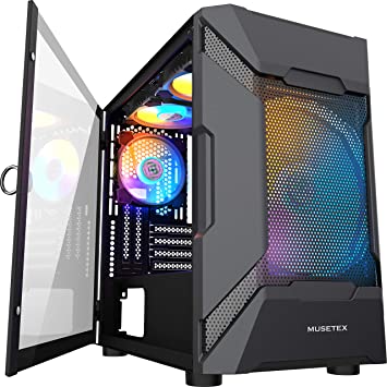 MUSETEX MESH Micro ATX Tower 4 PCS × LED ARGB Fans Pre-Installed 2 PCS × USB 3.0 Ports Opening Tempered Glass Panel & Mesh Front Panel Airflow Gaming PC Case (MK7-GN4)