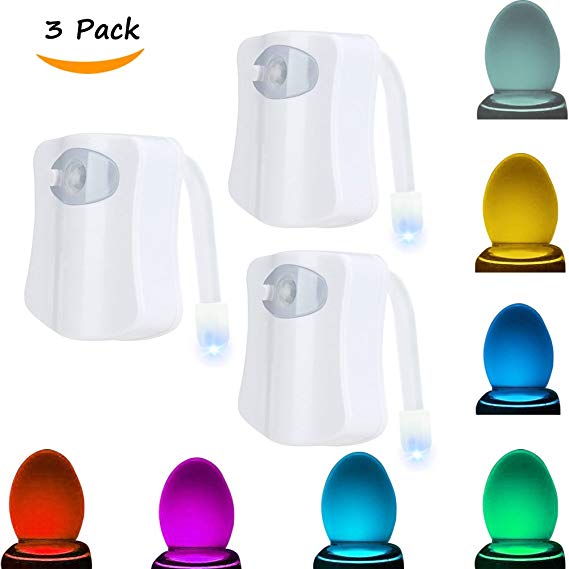 JESWELL Toilet Light Motion Sensor, Inside Toilet Bowl Night Light for Bathroom Washroom, 8 Color Changing, Battery Operated, Cool Fun Gift for Grandma Grandpa Kids (Pack of 3)