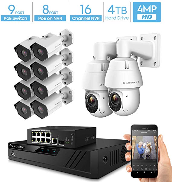 Amcrest 4MP Security Camera System, w/ 4K 16CH PoE NVR, 8 x 4MP Bullet POE IP Cameras, 2 X 4MP Speed Dome PoE IP Camera, 9-Port PoE  Switch, 4TB HDD, NV4116E-AGPS9E8P-1053EW2-1026EW8 (White)