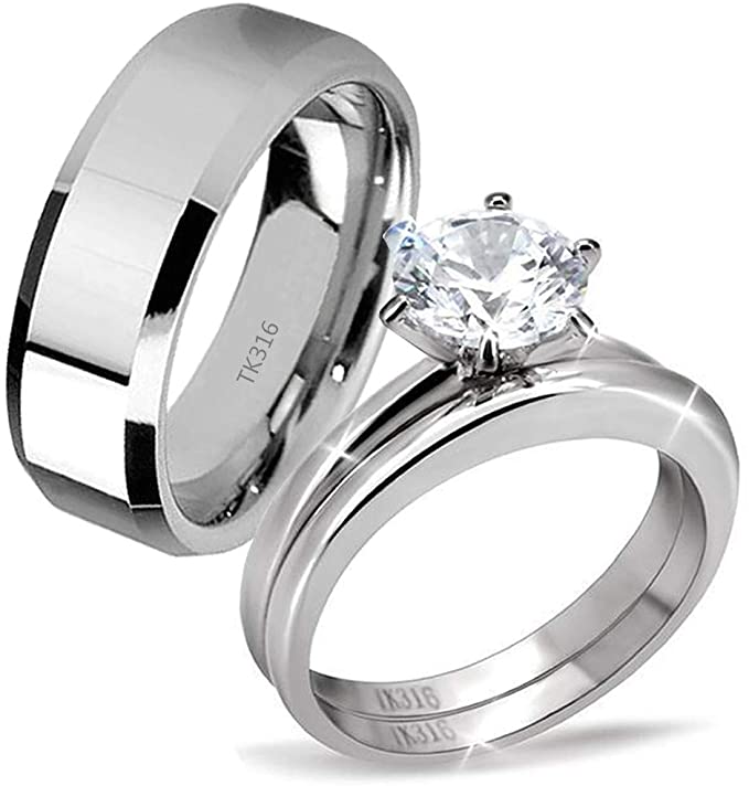 MABELLA His Hers Stainless Steel Men's Band Women Cubic Zirconia Round Cut Wedding Engagement Ring Set
