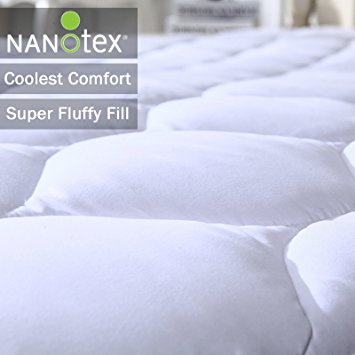 Quilted Fitted Mattress Pad Featuring Nanotex Coolest Comfort Temperature Regulating Cooling Technology. Super Soft SPA Grade Microfiber. Guaranteed To Fit Up To 18 Inch Mattress (Queen Size)