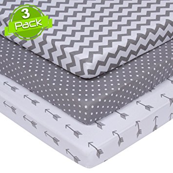 BaeBae Goods Jersey Cotton Fitted Pack n Play Playard Portable Crib Sheets Set | Grey and White | 150 GSM | 100% Cotton | 3 Pack