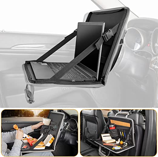 JOYTUTUS 3 in 1 Steering Wheel Eating Tray (Gray), Car Back Seat Laptop Desk, Multifunctional Car Office Bag, Car Work Table for Writing, Car Organizer for Kids, Commuters, Family