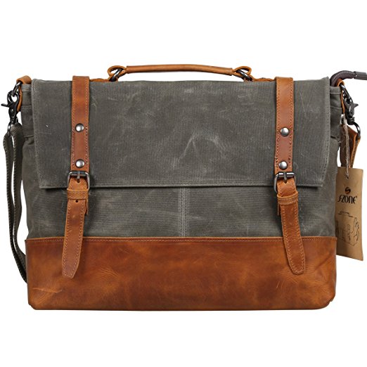 S-ZONE Vintage Waterproof Canvas Leather Messenger Traveling Briefcase Shoulder Laptop Bag