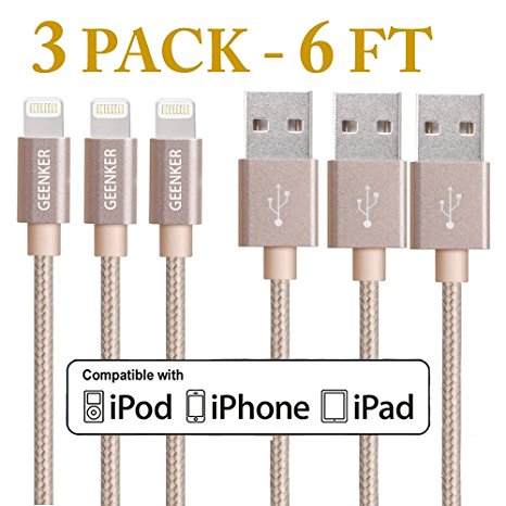 Lightning Cable, GEENKER 3Pack 6FT 8Pin Nylon Braided Extremely Extra Long Charging Cable USB Cord for iphone 7/7 plus, 6s, 6s plus, 6plus, 6,SE,5s 5c 5,iPad Mini, Air,iPad5,iPod on iOS9.- Gold