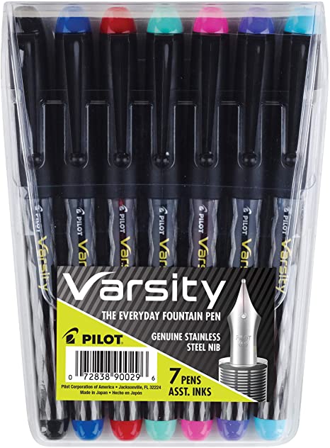 PILOT Varsity Disposable Fountain Pens, Medium Point Stainless Steel Nib, Black/Blue/Red/Pink/Green/Purple/Turquoise, 7-Pack Pouch (90029)