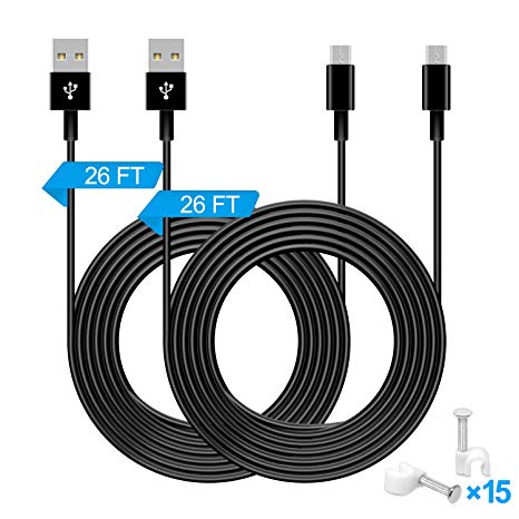 2 Pack 26FT Power Extension Cable for Wyze Cam Pan, Kasa Cam,Yi Camera, Blink,Oculus Go,Ps4 Xbox Controller,Xbox One Controllers,Echo Dot,Nest Cam,Netvue,Furbo Dog and Home Security Camera Black