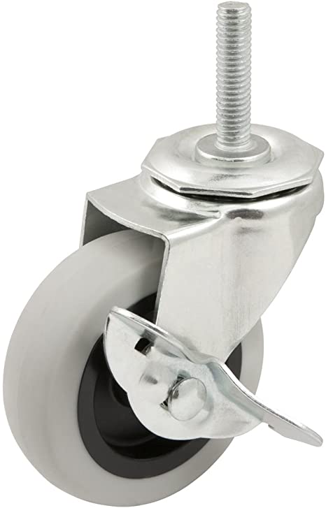 Heavy Duty TPR Rubber Caster Wheel with Swiveling Threaded Stem w/Brake - 3-Inch - 110 lb. Load Capacity - Non-Marking for use in Hospitals, Food Service, Other Institutional Applications