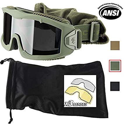 Lancer Tactical AERO 3mm Thick Dual Pane Lens Eye Protection Safety Goggle System ANSI Z87 1 Rated Industry Standard Panel Ventilated w/Anti-Scratch Shield Fully Adjustable (OD Green / 3 Lens)