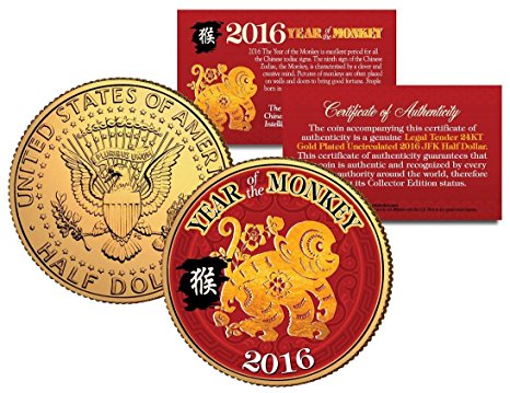 2016 Chinese New Year YEAR OF THE MONKEY 24K Gold Plated JFK Half Dollar US Coin