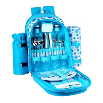 Confidence Picnic Backpack Hamper Bright Blue Polkadots Inc Plates Cutlery