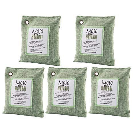 Moso Natural Air Purifying Bag. Odor Eliminator for Cars, Closets, Bathrooms and Pet Areas. Captures and Eliminates Odors. (Green, 5 Pack)