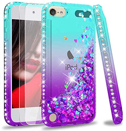 LeYi Case for iPod Touch 7th / 6th / 5th Gen with Glass Screen Protector [2 pack], Glitter Liquid Luxury Clear TPU Silicone Shockproof Phone Cover for iPod Touch 5th 6th 7th Generation Blue Purple