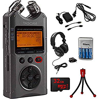 Tascam Portable Digital Recorder Luminous Gray (DR-40G) with AC Adapter, Travel Charger with 4AA Batteries, Professional Headphones, Flexible Mini Table-top Tripod & 32GB MicroSD Memory Card