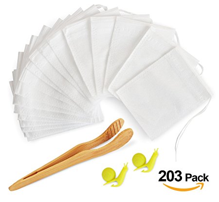 ilauke 200Pcs Tea Filter Bags Empty Drawstring Disposable Tea Infuser Teabags for Herbs Loose Tea with Snail Shape Tea Bag Holders and Tea Clip
