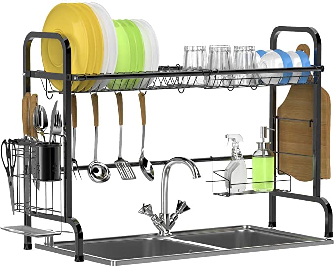 Over The Sink Dish Drying Rack, Ace Teah Stainless Steel Dish Rack with Utensil Holder Hooks, Black