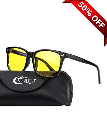 CGID CY82 Horn Oversized Blue Light Blocking Glasses,Better Sleep, Anti Glare Fatigue Blocking Headaches Eye Strain,Safety Glasses for Computer/Phone/Kindle,Vintage Bold Black Frame,Yellow Lens