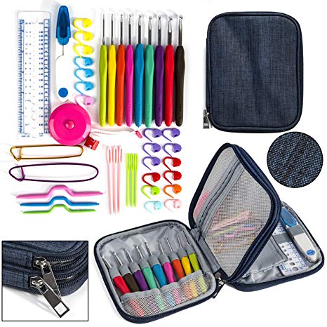 Crochet Hook Case, Organizer Zipper Bag with Web Pockets for Various Crochet Needles and Knitting Accessories