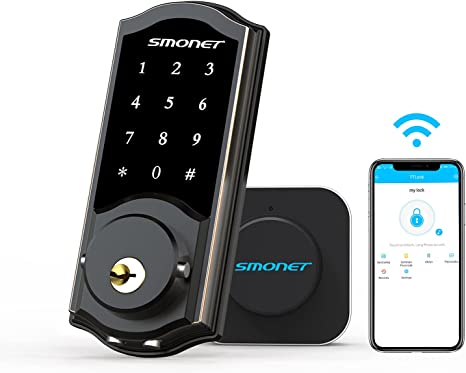 Smart WiFi Lock Set- SMONET Bluetooth Smart Lock Electronic Digital Smart Deadbolt,Keyless Entry Door Lock with Keypads,Gateway Hub Included, Work with Alexa,APP,Code for Home Front Door,Black