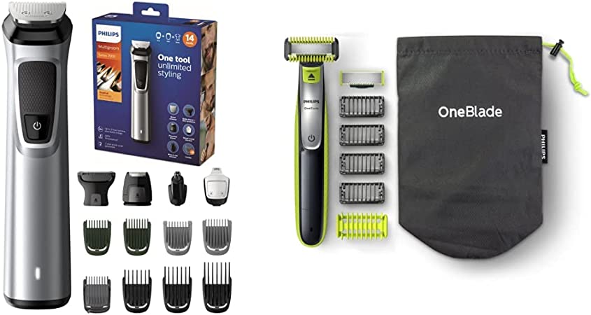 Philips 14-in-1 All-in-One Trimmer, Premium Series 7000 Grooming Kit, Face Shaver - MG7720/13 & OneBlade Hybrid Body and Face Stubble Trimmer with 4 x Lengths- QP2630/30, Lime Green, Charcoal Grey