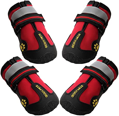 QUMY Dog Boots Waterproof Shoes for Dogs with Reflective Strip Rugged Anti-Slip Sole Black 4PCS