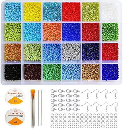 Craft Seed Beads with Beading Tool Kit for Jewelry Making, BALABEAD 12/0 Glass Seed Beads About 14400pcs Beads 24 Colors Organize in Box, Size 2mm Beads, (600pcs/Color, 24 Colors)