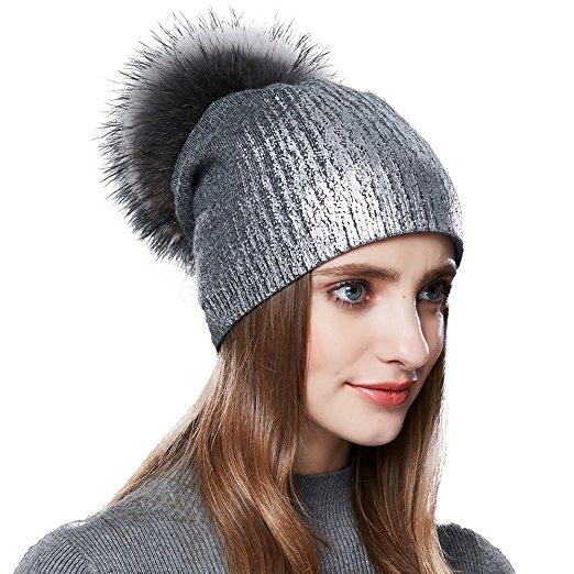Womens Pom Pom Beanie for Winter Hats Real Fox Fur Slouchy Hat Sparkle Shiny