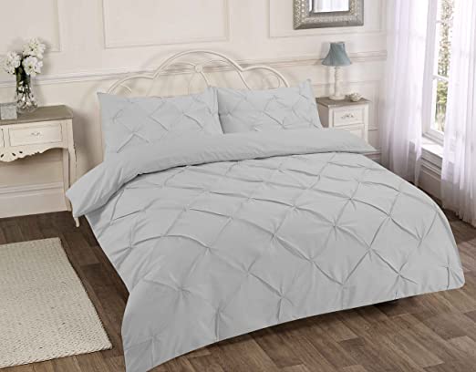 RAYYANLINEN 3PCs PINTUCK PLEATED DUVET COVER BEDDING SET WITH PILLOWCASES (Grey Silver, DOUBLE)