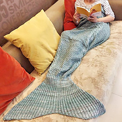 YING LAN Cozy Knit Crochet Mermaid Tail Blanket Soft Sleeping Bag for Adults(71"X39.4", Light Green)