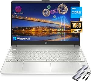 HP Laptop, 15.6" FHD Screen, Intel Core i3-1215U Processor, 16GB RAM, 1TB SSD, HDMI, Webcam, Wi-Fi, Bluetooth, Fingerprint Reader, HDMI, Type-C, Skyerd 128GB NVMe Portable SSD, Windows 11 H,Silver